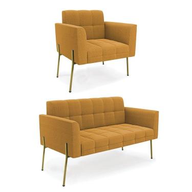 Imagem de Namoradeira E Poltrona Pé De Ferro Dourado Elisa Bouclê Mostarda D03 - D'rossi