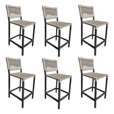 Imagem de Kit 6 Banquetas França Em Corda Náutica E Base Em Alumínio Preta Para área Gourmet Areia - Cor: Bege