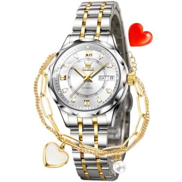 Imagem de OLEVS Relógios femininos luxuosos diamantes mecânicos automáticos vestido de pulso dois tons data dia, 6727: branco