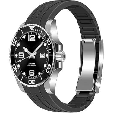 Imagem de YISIWERA Pulseira de relógio de borracha de 20 mm, 22 mm, extremidades curvas, artesanal, pulseira de relógio de silicone sólida, fivela mecânica de bloqueio duplo escovado para homens e mulheres