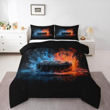 Imagem de Jogo de cama casal, com estampa de jogo esportivo de hóquei, jogos esportivos de hóquei, para crianças, meninas, meninos, jogos competitivos, trabalho em equipe, decoração de quarto de esportes de