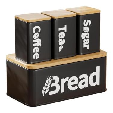 Imagem de Ｂｅｓｇａ Conjunto de 4 peças de recipientes para armazenamento de pão, chá, café e açúcar, decoração de cozinha, suporte portátil para armazenamento de, Preto