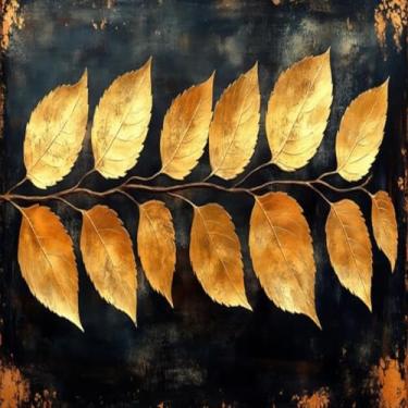 Imagem de Quadro Decorativo em Canvas Estampa Golden Leaves Branch Dark para Sala e Escritório 30x30cm