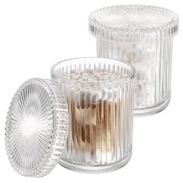 Imagem de Pacote com 2 unidades de suporte Qtip de vidro com tampa, frascos de armazenamento de banheiro com dispensador Qtip - frascos de boticário de vidro para bola de algodão, cotonete, almofadas, palhetas