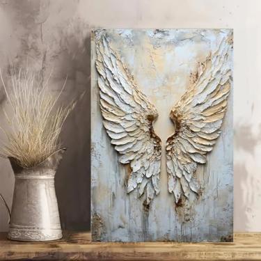 Imagem de Arte de parede em tela rústica vintage com asas de anjo - Pôster sem moldura de 30 x 45 cm - Ideia de presente para decoração de casa e escritório para sala de estar, quarto, cozinha e café