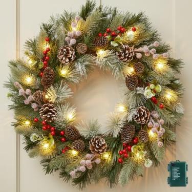 Imagem de Decorações de guirlanda de Natal - guirlandas de Natal de 56 cm para porta da frente com pinhas e bagas - guirlanda de porta de Natal para decoração interna e externa, parede de parede