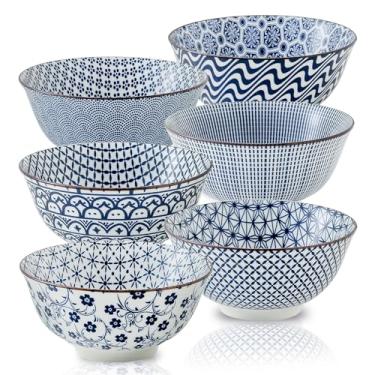 Imagem de YELLOYA Conjunto de tigelas de cereais de porcelana azul e branca de 293 ml, conjunto de 6 tigelas pequenas de sopa de cerâmica de 4,6 polegadas para cozinha, lava-louças e forno de micro-ondas - para