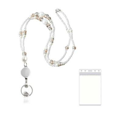 Imagem de Cordões para crachás de identificação e chaves, cordão retrátil com contas para mulheres, suporte de crachá de identificação de professor com pérola, design de contas de pedra natural para colhedores