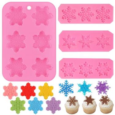 Imagem de 4 peças de moldes de silicone de floco de neve de Natal 3D, formas de bolo de floco de neve, sabonete, reutilizáveis, formas antiaderentes de chocolate para muffin de Natal, geleia, cubos de gelo