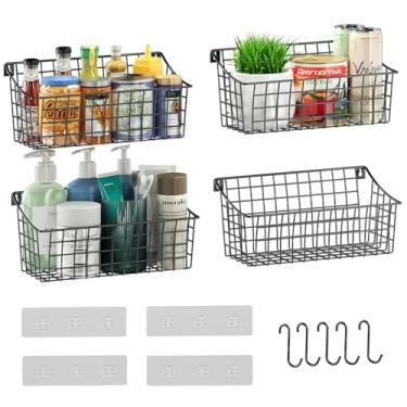 Imagem de Sonyabecca Pacote com 4 cestas de parede suspensas para organização, cesta de arame grande para despensa de armazenamento com 5 ganchos S + 4 ganchos adesivos, prateleira de parede para cozinha e