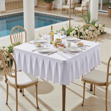 Imagem de Toalhas de mesa brancas de elastano para mesas quadradas de 122 x 122 cm, roupas de mesa elásticas com saia plissada com babados para mesa de 122 cm, sem rugas e elásticas, para festa, cozinha, casa