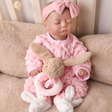 Imagem de Bebê Reborn Boneca Corpo de Silicone Menina Dormindo Rosa Realista Pintado Original 48cm com Acessórios (Coelho Rosa)