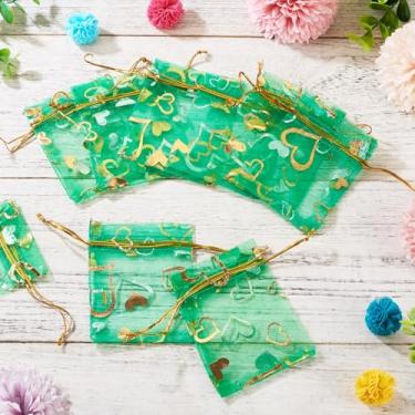 Imagem de 50 unidades de sacos de organza impressos em coração 7 x 9 cm transparente verde limão cordão organza sacos de presente para festa de casamento bolsas de embalagem de joias de Natal