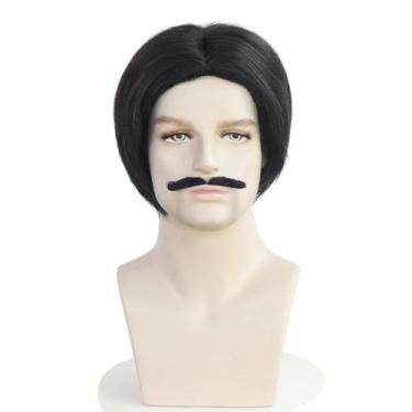 Imagem de Peruca masculina preta curta sintética de 30 cm com bigode - yiweisai