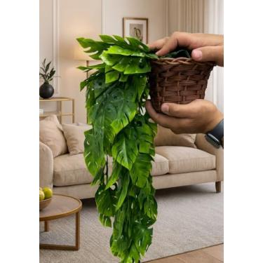 Imagem de Kit Planta Decorativa: Vaso Trançado Marrom + Pendente Artificial Costela-de-Adão 45cm – Folhagem Realista para Sala, Varanda e Escritório(4 Pote 14 + 4 Pend Adão)