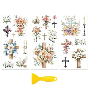 Imagem de Peacoblue Adesivo decalque de transferência para decoração de móveis artesanato 15 x 30 cm flores e cruzes, 3 peças à prova d'água UV DTF transferência para gaveta cômoda vidro porcelana madeira