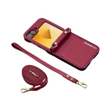 Imagem de Capa De Couro Para Samsung Galaxy Z Flip Com Alça Transversal, Porta-C