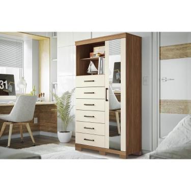 Imagem de Cômoda Solteiro Marabá 1.6 C/ 1 Porta 2 Nichos E 6 Gavetas C/ Espelho E Pés Jatoba/areia