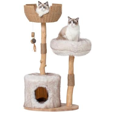 Imagem de PEGIC Torre de árvore para gatos com dois ramos reais, torre moderna de madeira de 111 cm com condomínio luxuoso para gatos, poste arranhador para gatos, plataformas de salto, móveis para gatos
