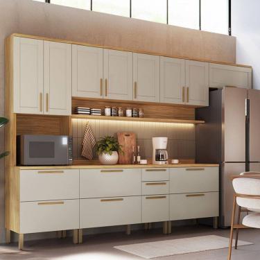 Imagem de Armário de Cozinha Americana Modulada com Balcão e Tampo 14 Portas 3 Gavetas Texas 100% Mdf Amêndoa/Off White - Pnr Móveis