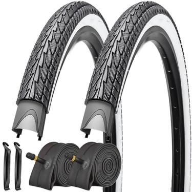 Imagem de SIMEIQI Pacote com 2 pneus de bicicleta de 50,8 x 4,4 cm e tubos internos de 50,8 cm/61 cm/26 x 1,5/4,4 cm/5,4 cm com válvulas AV de 32 mm pneu de substituição para bicicletas híbridas urbanas Road