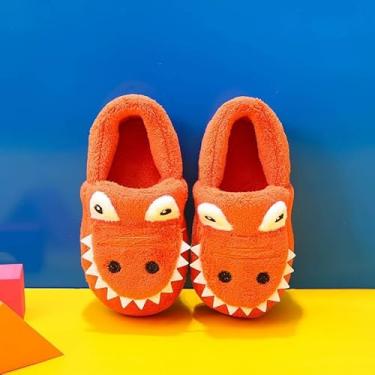Imagem de Pantufas infantis para meninos e meninas, dinossauro, para casa, interior, inverno, quarto, antiderrapante, sapatos quentes, Laranja, 21-22
