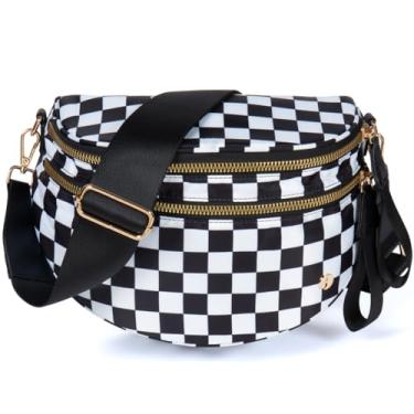 Imagem de JEEBURYEE Bolsas transversais quadriculadas para mulheres – Bolsa de nylon espaçosa, bolsa de pochete ajustável para viagens, Xadrez preto e branco