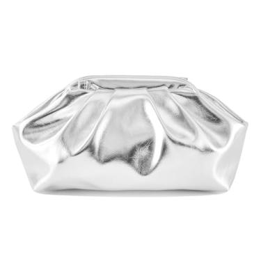 Imagem de BRYCTSISEN Bolsa de mão plissada de couro vegano à noite, bolsa de ombro com nuvem de poliuretano metálico para mulheres, bolsa de mão para noite, Prata