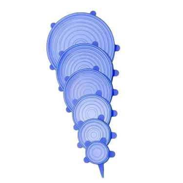Imagem de 6 peças de tampas elásticas de silicone, capas elásticas reutilizáveis para sobras de alimentos, tigelas de frutas, potes, pratos, adequadas para geladeira e micro-ondas - azul