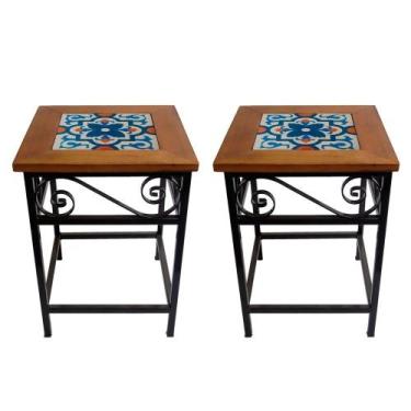 Imagem de Kit 2 Bancos de Ferro e Madeira Rústico com Ladrilho Hidráulico - Esti