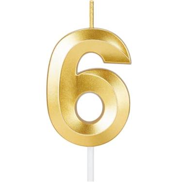Imagem de Vela de aniversário número 6 dourada, cera metálica, decoração de celebração de aniversário de longa duração