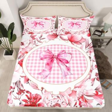 Imagem de Jogo de lençol romântico com laço de princesa com laço de fada, flores vermelhas, jardim (sem lençol de cima), geométrico, rosa, xadrez, patchwork, lençol com elástico, 2 fronhas, casal