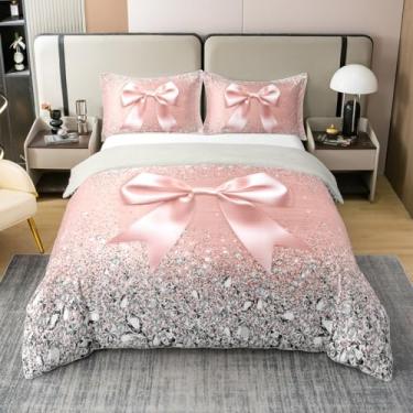 Imagem de Conjunto de capa de edredom 100% algodão com laço e laço fofo, conjunto de cama de diamante com glitter cinza, capa de edredom com laço de princesa feminina, tamanho Queen, conjunto de cama kawaii