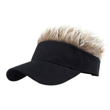 Imagem de Surakey Viseira masculina com cabelo falso chapéu viseira para homens chapéus de sol engraçados novidade bonés de peruca de beisebol com cabelo espetado, preto + café