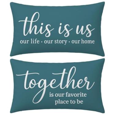 Imagem de HERHOME Blue Teal This is us/Together is Our Favorite Place to be Farmhouse Capas de almofada decorativas 12 x 20 conjunto de 2, capas de almofada ao ar livre para cama de casa sofá XHP-313-12