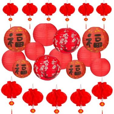 Imagem de Vilanca Pacote com 22 lanternas de papel penduradas chinesas japonesas vermelhas flor de cerejeira Lucky Fu decoração de 30,5 cm, 25,4 cm, 20,3 cm, para aniversário asiático, casamento, chá de bebê,