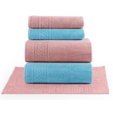 Imagem de Jogo De Banho Toalhas Yara 100% Algodão Fio Penteado Macio 05 Peças Listras - Rosa Azul
