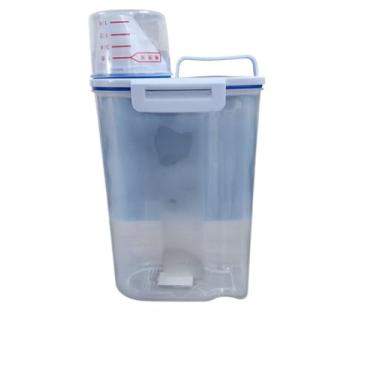 Imagem de Pote Hermético de Plástico PP com Medidor, Tampa Vedante Azul, Transparente, 2kg de Capacidade, 29cm Altura, para Grãos, Farinhas e Líquidos