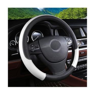 Imagem de FALVFUN Capa de volante de carro, couro elástico de 38 cm, protetor de volante de veículo, antiderrapante, respirável, acessórios de proteção interna automotiva, ajuste universal (preto/branco)