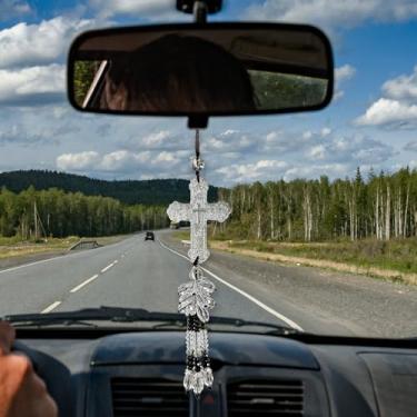 Imagem de Enfeite para pendurar carro cruzado, contas de cristal, borlas, pingente de espelho retrovisor de carro para mulheres, pingente de espelho retrovisor automotivo religioso, acessório de decoração de