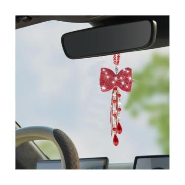 Imagem de Sandfren Pingente de espelho retrovisor de carro com laço brilhante, enfeite de pendurar espelho retrovisor de cristal fofo de cristal, berloques de decoração de interiores automotivos de diamante