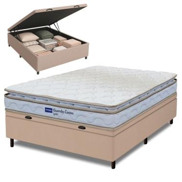 Imagem de Cama Box Baú Casal Probel Espuma D33 Pillow Top 138x188x59cm Guarda Costas Lyon Branco/bege Branco / Bege