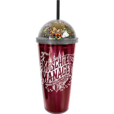 Imagem de Spoontiques Copo de acrílico Mischief Managed Dome Top, 567 g - topo de cúpula cheio de glitter com estatueta fechada e canudo reutilizável coordenado - copo de viagem com isolamento de parede dupla