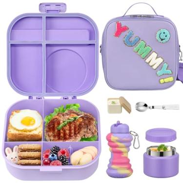 Imagem de Lancheira infantil Bento com garrafa térmica de sopa de 340 g, recipiente de comida à prova de vazamento para almoço infantil com 4 compartimentos, lancheira isolada e copo de água para meninas e