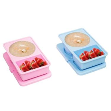 Imagem de stuuikf Embalagem com 2 recipientes de silicone para lanches com alça de talheres e compartimento duplo, caixa dobrável com tampas de encaixe seguro para viagens, escritório, piquenique (azul e rosa)