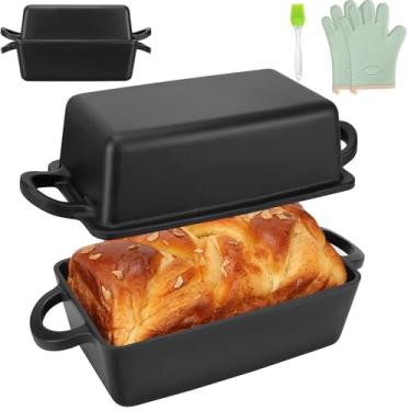 Imagem de Marllifenney Forma de pão de ferro fundido com tampa | Assadeira de pão de 22 x 12 cm | Distribuição uniforme de calor para pão caseiro, bolo, bolo de carne perfeito | Conjunto durável de 2 peças para