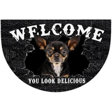 Imagem de Tapete de porta meio redondo para cachorro Chihuahua, entrada interna, You Look Delicious, tapete de borracha, lavável, ao ar livre, bem-vindo, varanda, meio círculo, tapete para entrada, exterior