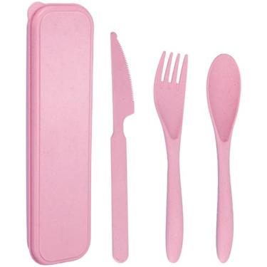 Imagem de Conjunto de utensílios de viagem reutilizáveis com estojo, colher de garfo de faca portátil de palha de trigo, talheres de acampamento para lancheira, utensílios de mesa de plástico ecológicos, sem