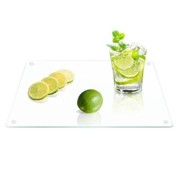 Imagem de Yuzeyurun Tábua de corte de vidro temperado para cozinha, tábua de corte transparente, tábuas de corte de vidro pequenas de 25,4 x 35,5 cm com pés antiderrapantes, resistente ao calor, resistente a