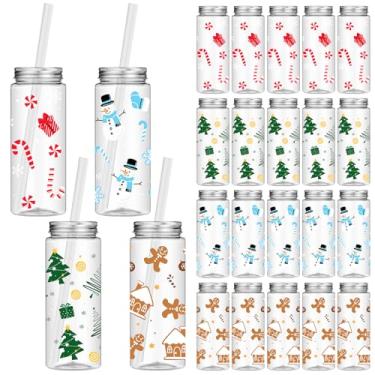 Imagem de 24 peças de copos reutilizáveis de Natal a granel com tampas e canudos 402 g jarra de plástico para festas de Natal copo de plástico café chá quente cacau bebida copo de natal para adultos festa de